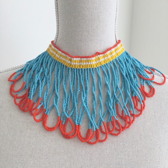 Vintage Jewelry - Vintage 70s 80s Hand Beaded Statement Tribal Choker Collar Necklace